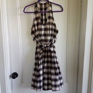 Cory Lynn Calter Halter Dress~Tie Front~Back Elastic~Brown White Plaid Cotton~6